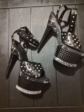 Black Studded Pleasers Platform Heels with Clear Accents
